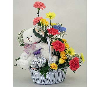 6 inches Teddy in a basket of 12 Mix flowers
