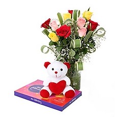 8 Mix roses in vase 6 inches teddy and Celebration Chocolate Box