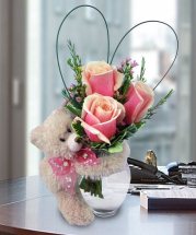3 Pink roses in vase with 6 inches Teddy bear