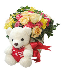 Teddy (6 inches) With 12 Mix Roses