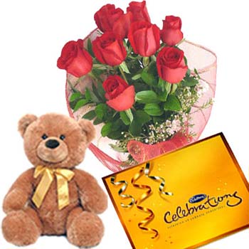 Teddy (6 inches) with 12 Red Roses+Cadburys Celebration Pack