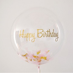 Rose petals Inside a transparent balloon with happy Birthday print on balloon