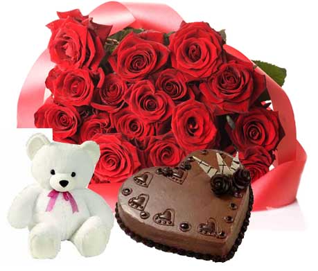1 Kg chocolate heart cake Teddy 12 red roses
