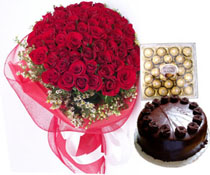 50 Red Roses+24 Ferrero Rocher Chocolates+1/2 Kg Cake