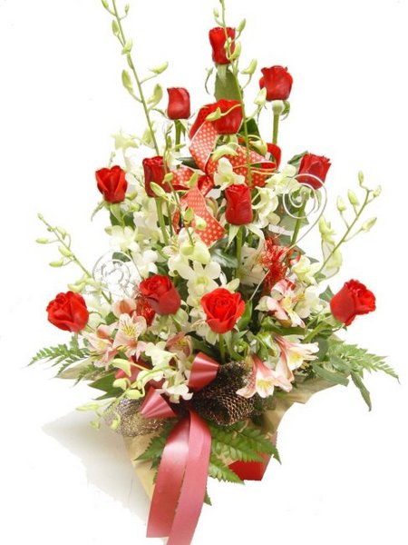 RED Roses with WHITE Orchids