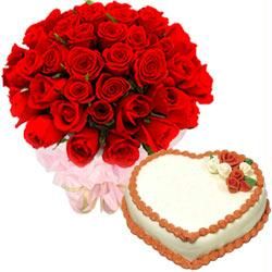 1 Kg Heart Pineapple Cake with two dozen red roses in bouquet