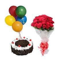 6 Air Filled Balloons with 8 red roses bouquet and 1/2 Kg Black Forest cake