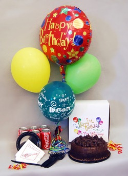 6 Coke Cans 1/2 kg chocolate cake with 4 Balloons