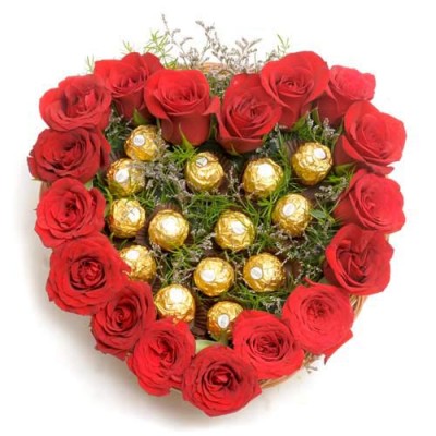 24 Red Roses Heart with 16 Ferrero rocher chocolates in middle