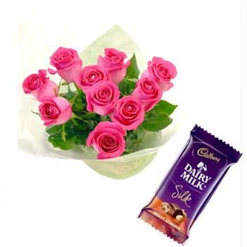 6 Pink roses with 1 Silk chocolate