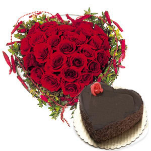 25 Red Roses Heart+1 Kg heart Chocolate Truffle Cake