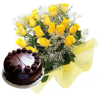 12 Yellow Roses +1/2 Kg chocolate Cake