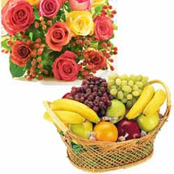 Basket of Fresh Fruits 2 Kg+12 Mix Roses