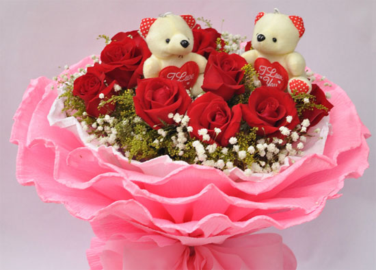 2 Teddies (6 inches each) in the same Basket with 12 RedRoses