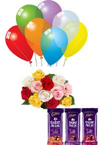 8 Air Blown Balloons with 8 Mix roses 3 Silk chocolates