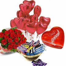 Heart Chocolate Box with 12 Red roses and Mix chocolate basket 10 Heart Air filled Balloons