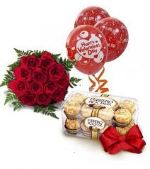 16 Ferrero rocher chocolates with 12 red roses and 3 Red Air filled Balloons