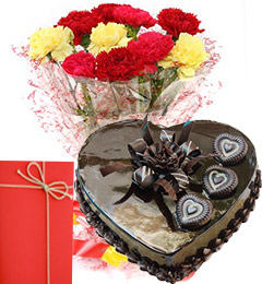 1 Kg heart chocolate cake Card and 12 Mix carnations bouquet