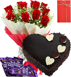 1 Kg Heart Dark Chocolate Cake with 12 red roses Card and 4 Dairy Milk chocolates