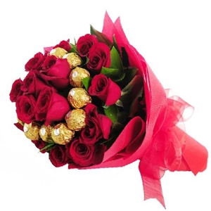 12 red roses with 16 Ferrero chocolates in same bouquet