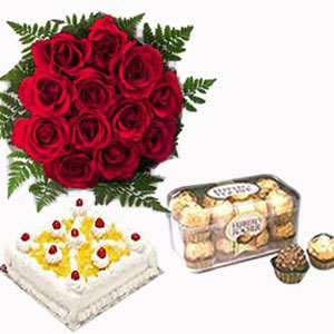1/2 Kg Cake+12 Red roses Bouquet+16 Ferrero Rocher Chocolates