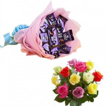 Cadbury dairy milk chocolates in a bouquet and 10 Mix roses bouquet