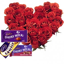 24 Red roses heart with 1 Crackel 2 Dairy Milk chocolates