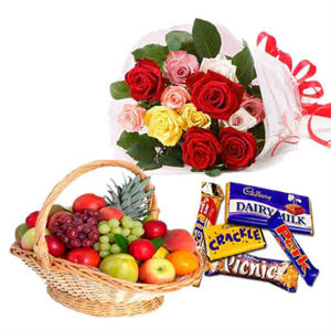 2 Kg. Fresh Fruits, 2 Packs Cadburys Chocolates and a Few Roses in a Basket