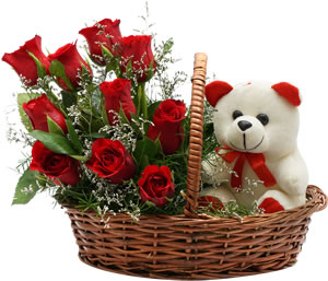 12 Red roses with 6 inches Teddy bear in the same basket