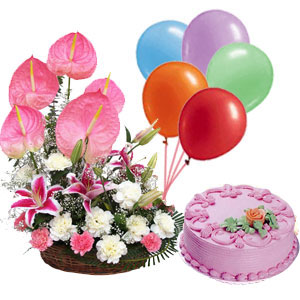 1/2 Kg Strawberry Cake+6 Balloons+24 pink anthuriums carnation Baske