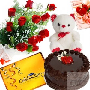 12 Red Roses Teddy Celebration chocolates and Half Kg chocolate cake