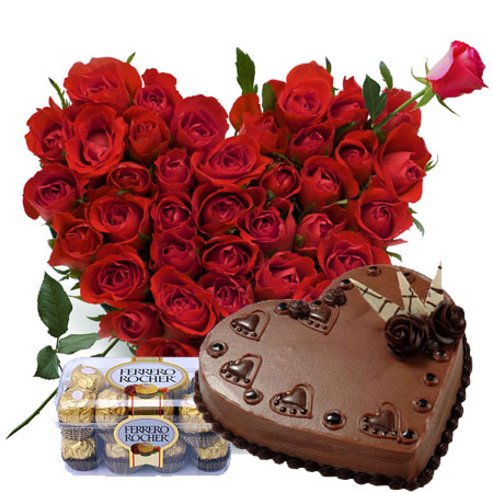 25 red Roses heart 1 Kg chocolate heart shaped Cake 16 pieces Ferrero chocolates