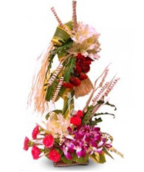 10 Orchids with 10 carnations in double basket