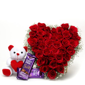 24 Red roses heart Teddy 6 inches and 2 bars small cadburys Silk