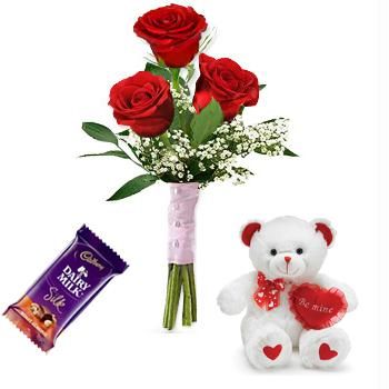 6 inches Teddy bear with 1 Silk Chocolate and 3 red Roses Bouquet