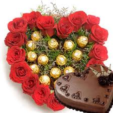 1 Kg Heart Chocolate Cake with heart of 24 red roses and 16 Ferrero