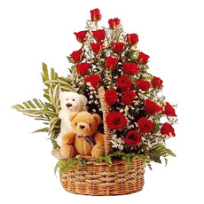 2 Teddies ( 6 inches each) in the same Basket with 24 RedRoses