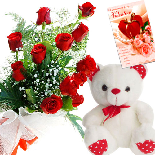 Teddy bear 6 inches Card and 12 red roses bouquet