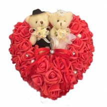 Two Teddy bears 6 inches with 24 Red roses heart arrangement