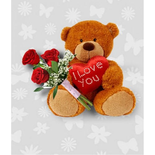 Teddy bear 12 inches with 3 Red roses and heart