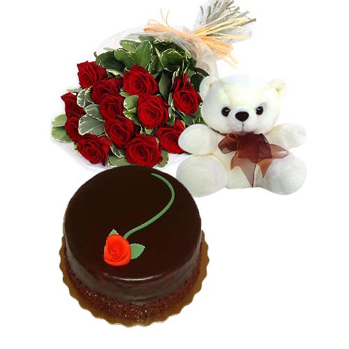 12 red Roses 1/2 Kg chocolate Cake Teddy 6 inches