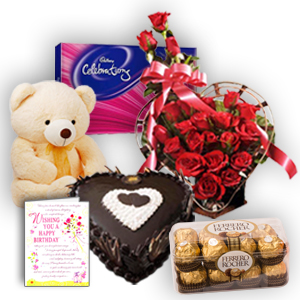 24 Red roses heart Teddy 6 inches Celebration pack 1 kg chocolate heart cake and 16 Ferrero