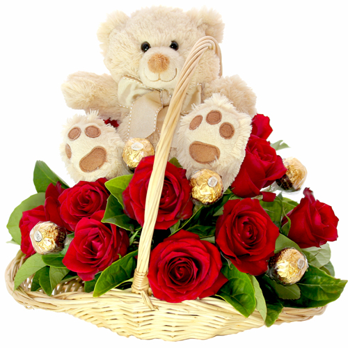 Teddy( 6 inches) in the same Basket with 8 Red Roses