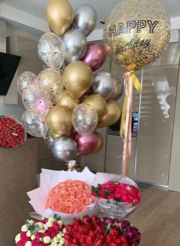 20 gas balloon 1 transparent happy birthday printed and silver gold and confetti balloons with 4 Bouquet of flowers