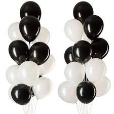 20 gas inflated balloons in black and white tied with ribbons