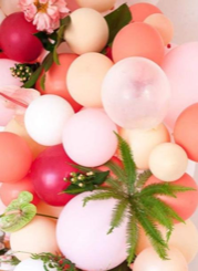 15 white and pink and red balloons with leaves and pink flowers