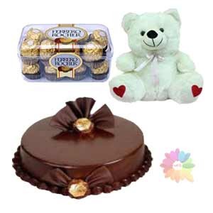  Kg Chocolate Cake 16 Ferrero rocher and 6 inches Teddy