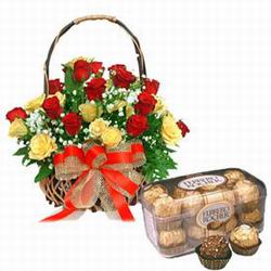 24 Red and YellowRoses basket+ with 16 piece ferrero Rocher box