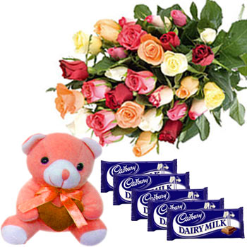 5 dairy Milk chocolates+Teddy+12 Mix Roses