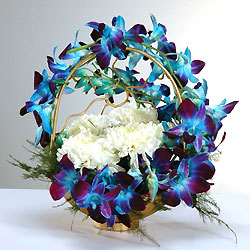 6 Blue Orchids on handle and 6 White Carnations in Basket